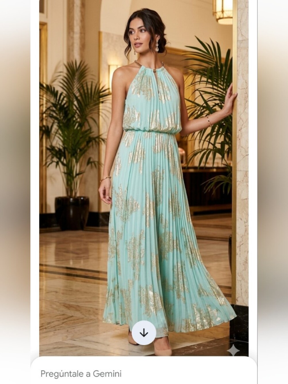 Aqua Halter Pleated Maxi Dress with Gold Foil Detail
